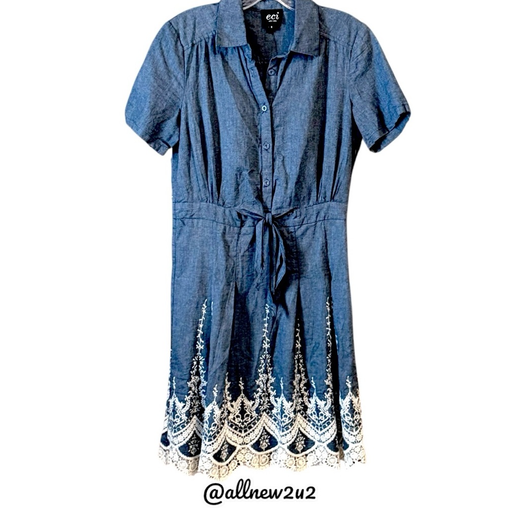ECI Lace Trim Denim Shirtdress Chambray Buttoned Polo Collar - Picture 6 of 16